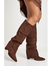 Boohoo - Faux Suede Slouchy Knee High Fold Over Boots - Lyst