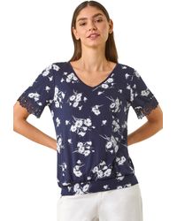 Roman - Floral Print V-Neck Lace Stretch Top - Lyst