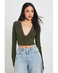 Boohoo - Deep Plunge Long Sleeve Top - Lyst