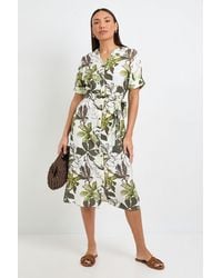 Wallis - Floral Roll Sleeve Belted Midi Dress - Lyst