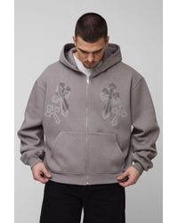 Boohoo - Tall Oversized Boxy Cross Embroidered Zip Through Hoodie - Lyst