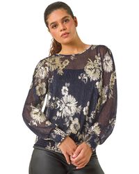 Roman - Foil Floral Print Plisse Shirred Top - Lyst