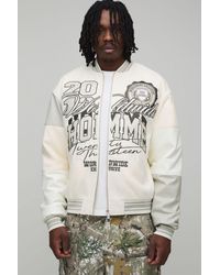 BoohooMAN - Tall Melton & Pu Mixed Fabric Embellished Varsity Jacket - Lyst