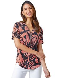 Roman - Leaf Print Zip Detail V-Neck Stretch Top - Lyst