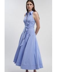 Karen Millen - Petite Cotton Collared Stripe Halter Neck Woven Midi Shirt Dress With Dropped Waist Detail - Lyst