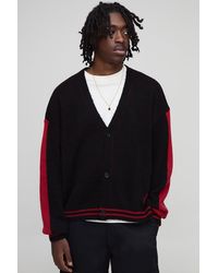 BoohooMAN - Relaxed Boxy Moto Fluffy Striped Knitted Cardigan - Lyst