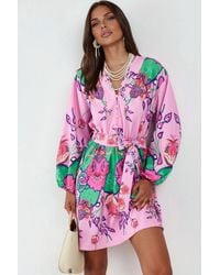 Msn-Collection - Floral V-Neck A-Line Mini Dress With Belt - Lyst