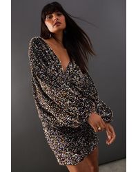 Warehouse - Velvet Sequin Plunge Neck Batwing Mini Dress - Lyst