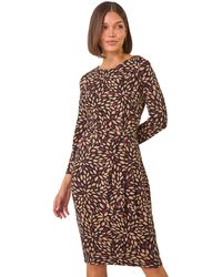 Roman - Leaf Print Side Twist Stretch Midi Dress - Lyst
