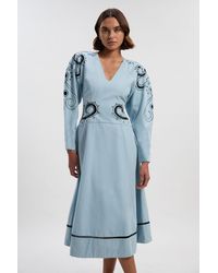 Karen Millen - Baroque Embroidered Long Sleeve Twill Woven Midi Dress - Lyst