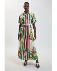 Karen Millen - Cotton Sateen Floral Woven Belted Maxi Shirt Dress - Lyst