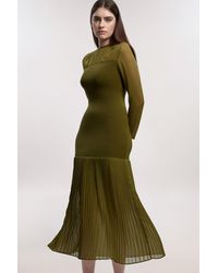 Karen Millen - Woven Knit Mix Pleated Midi Dress - Lyst