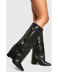 Boohoo - Buckle Detail Fold Over Block Heel Knee High Boots - Lyst