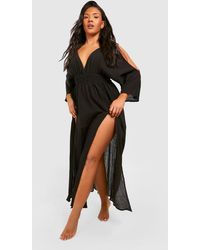 Boohoo - Plus Cheesecloth Cold Shoulder Maxi Beach Dress - Lyst