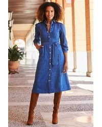 Sosandar - Mid Popper Front Belted Denim Midi Dress - Lyst