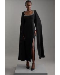 Karen Millen - Petite Crystal Embellished Viscose Crepe Woven Cape Maxi Dress - Lyst