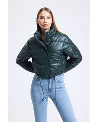 Hiccup - Faux Leather Stand Collar Drawstring Cropped Puffer Jacket - Lyst