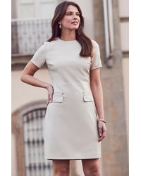 Sosandar - Ecru Faux Leather Pocket Detail Shift Dress - Lyst