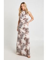 Boohoo - Petite Printed Chiffon High Cowl Neck Open Back Maxi Dress - Lyst