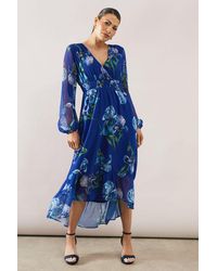 Wallis - Floral Shirred Waist High Low Midi Dress - Lyst