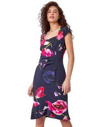 Roman - Floral Frill Premium Stretch Ruched Dress - Lyst