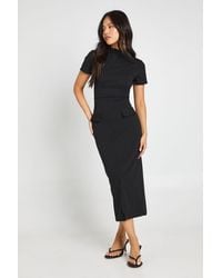 Boohoo - Petite Crepe High Neck Pocket Detail Midi Dress - Lyst