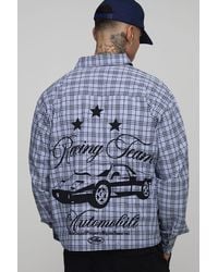 BoohooMAN - Tall Oversized Boxy Racing Embroidered Micro Check Shirt - Lyst