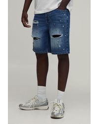 BoohooMAN - Relaxed Rhinestone Embellished Ripped Denim Shorts - Lyst