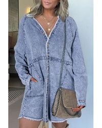 Azura Exchange - Beau Mineral Wash Long Sleeve Button Up Raw Hem Pocketed Denim Dress Cotton - Lyst