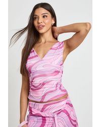 Boohoo - Mesh Abstract Print Ruched Top - Lyst