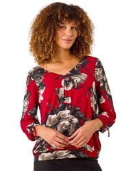 Roman - V-Neck Floral Print Tie Sleeve Top - Lyst