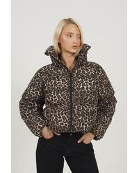 Brave Soul - Leopard Print Short Puffer Jacket With Oversized Collar - Lyst