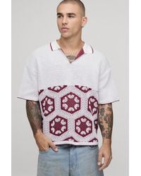 BoohooMAN - Oversized Boxy Spliced Crochet Tapestry Knitted Polo - Lyst