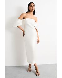 Warehouse - Structured Puff Sleeve Bardot Midi Dress - Lyst
