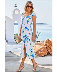Sosandar - White & Blue Floral Print Flutter Sleeve Bardot Midi Dress - Lyst