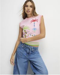River Island - Knitted Palm Tree Embroidered Tank Top Viscose - Lyst
