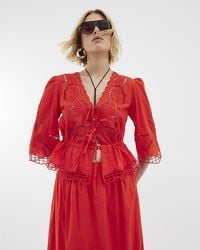 River Island - Blouse Long Sleeve Cutwork V-Neck Cotton - Lyst