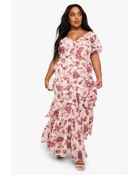 Boohoo - Plus Dobby Chiffon Floral Frill Detail Maxi Dress - Lyst