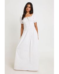 Boohoo - Cotton Poplin Shirred Bodice Puff Sleeve Maxi Dress - Lyst