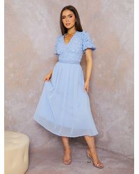Chi Chi London - Puff Sleeve Premium Lace Midi Dress - Lyst