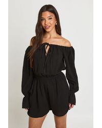 Boohoo - Textured Bardot Blouson Playsuit - Lyst