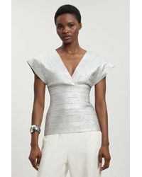 Karen Millen - Foil Metallic Figure Form Bandage Angel Sleeve Top - Lyst