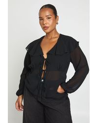 Boohoo - Plus Tie Front Long Sleeve Blouse - Lyst