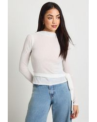 Boohoo - Ribbed Sheer Long Sleeve Top With Tie - Lyst