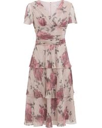 Gina Bacconi - Cher Midi Length Printed Surplice Neckline Dress With Ruched Waist And Tiered Skirt - Lyst