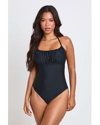 Boohoo - Ruched Halter Neck Swimsuit - Lyst