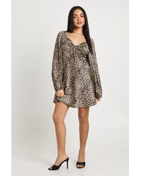 Boohoo - Leopard Print Volume Sleeve Satin Mini Dress - Lyst