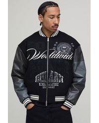 BoohooMAN - Boxy Fit Melton & Pu Mixed Fabric Embellished Varsity Jacket - Lyst