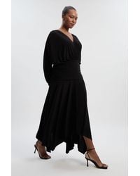 Karen Millen - Plus Size Stretch Drapey Crepe Ruched Plunge Neck Batwing Sleeve Maxi Dress - Lyst
