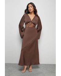 Oasis - Petite Satin Lace Insert Flute Sleeve Midi Dress - Lyst